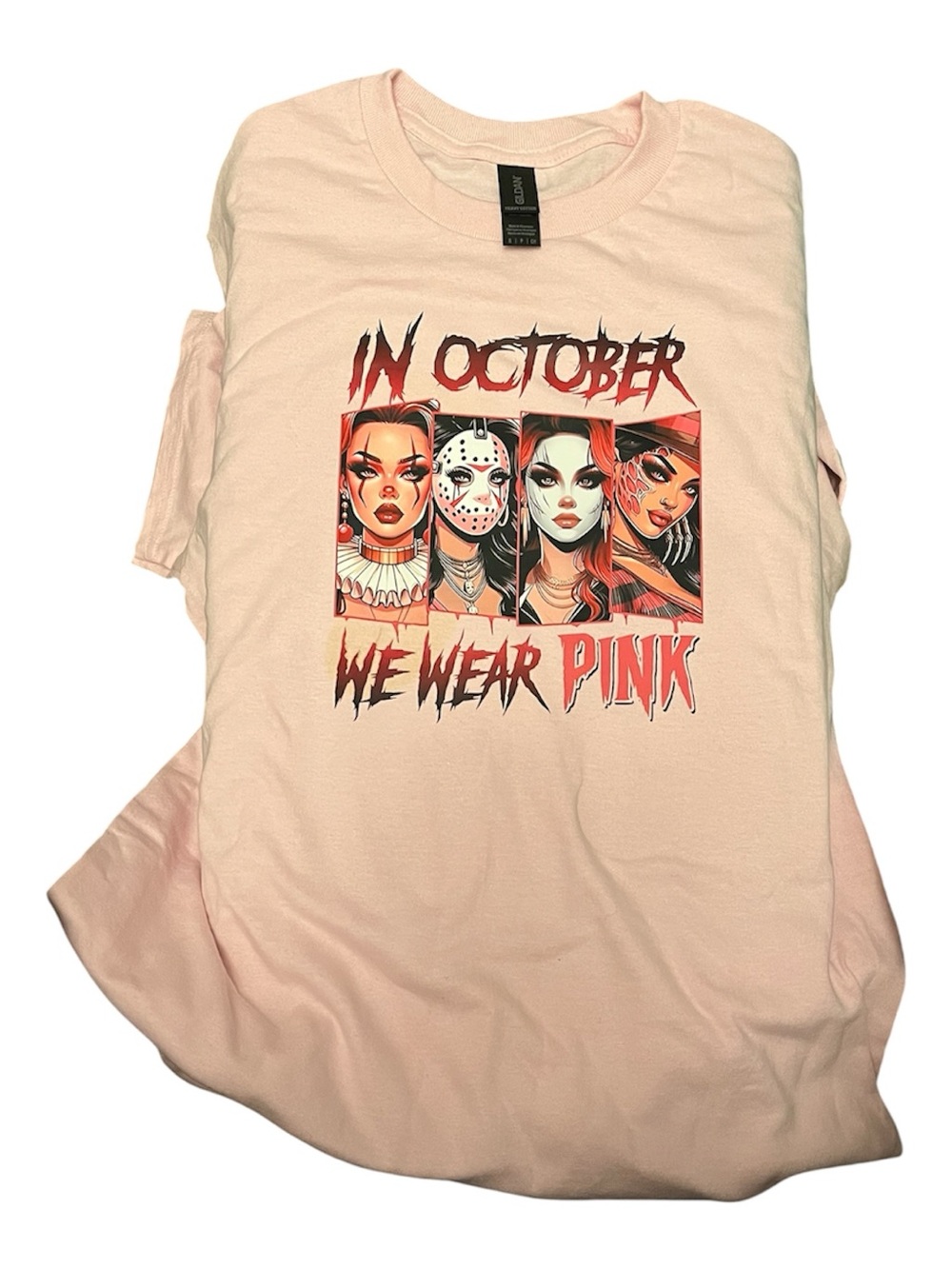 Graphic Horror Halloween Pink Tee "In October We Wear Pink"